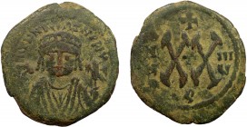 Byzantine, Maurice Tiberius, AE Half Follis, Theoupolis (Antioch)
6.47 g, 25 mm, aVF

Obverse: Crowned bust facing, wearing consular robe and holdi...