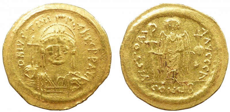 Byzantine, Justinian I, AV Solidus, Constantinople
4.42 g, 21 mm, aVF

Obverse: ...