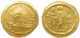 Byzantine, Justinian I, AV Solidus, Constantinople
4.42 g, 21 mm, aVF

Obverse: D N IVSTINIANVS P P AVG, pearl-diademed, helmeted and cuirassed bust f...
