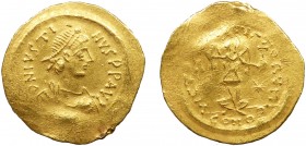 Byzantine, Justin I, AV Tremissis, Constantinople
1.51 g, 16 mm, aVF

Obverse: D N IVSTINVS P P AVG, pearl-diademed, draped and cuirassed bust righ...