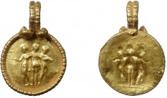 Roman Provincial, Mysia, 2nd Century Gold Pendant, Three Graces
1.38 g, 12x19 mm, VF

Obverse: Three Graces
Reverse: Brockage of obverse
Reference: Ze...