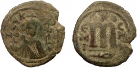 Arab-Byzantine, Umayyad Caliphate, Imperial bust type, AE Fals, Hims (Emesa) 
4.47 g, 22 mm, gF

Obverse: Facing imperial bust, holding globus crucige...