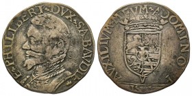 Emanuele Filiberto Duca 1559-1580 
Testone, I tipo, Vercelli, 1561, AG 9.18 g.
Ref : MIR 508h (R4), Biaggi 427i
Conservation : TB/TTB. Très Rare