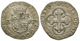 Emanuele Filiberto Duca 1559-1580 
Bianco o 4 Soldi, I tipo, Torino, 1576 T, Mi 4.6 g.
Ref : MIR 520ac, Biaggi 438r
Conservation : TTB