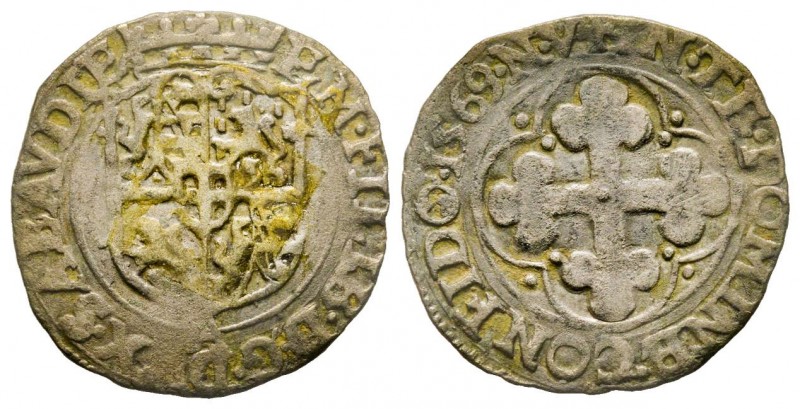 Emanuele Filiberto Duca 1559-1580 
Soldo, II Tipo, Torino, 1581 T, Mi 1.80 g.
Re...