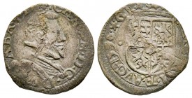 Carlo Emanuele I 1580-1630 
Soldo con il busto, IV tipo, Chambéry, 1596, AG 1.12 g.
Ref : MIR 663f (R), Sim. 71/6, Biaggi 559
Conservation : TB