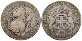Vittorio Amedeo
Reggenza della Madre 1675-1680
Scudo Bianco, Torino, 1680, AG 26.60 g.
Ref : MIR 837b (R5), Sim. 5, Biaggi 708a
Conservation : presque...