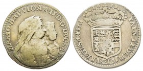 Vittorio Amedeo
Reggenza della Madre 1675-1680 
Mezza Lira, Torino, 1679, AG 2.91 g.
Ref : MIR 839e (R2), Biaggi 719ec
Conservation : TB-TTB.Très Rare...