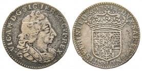 Vittorio Amedeo II - Duca 1680-1713 
Mezza Lira, Torino, 1718, AG 2.86 g.
Ref : MIR 887b (R3), Biaggi 758b
Conservation : rayures sinon TTB