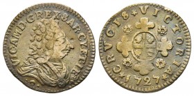 Vittorio Amedeo II Monetazione per la Sardegna 1724-1727
Reale Sardo, Torino, 1727, AG 2.22 g.
Ref : MIR 910 (R2), Biaggi 778
Conservation : TTB. Très...