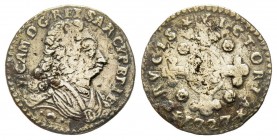 Vittorio Amedeo II Monetazione per la Sardegna 1724-1727 Mezzo Reale Sardo, Torino, 1727, AG 1.13 g.
Ref : MIR 911 (R2), Sim. 70, Biaggi 779
Conservat...