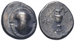 Greek, Boeotia, Androkleidas magistrate c. 395-338 BC, AR Stater, Thebes 390-382 BC . Obverse: Boeotian shield Reverse: Amphora; wreath above, AN-DR a...