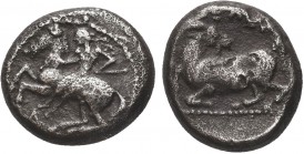 Greek, Cilicia, c. 425-400 BC, AR, Kelenderis . Obverse: Youth, holding whip, dismounting from rearing horse left Reverse: Kneeling goat left, head re...