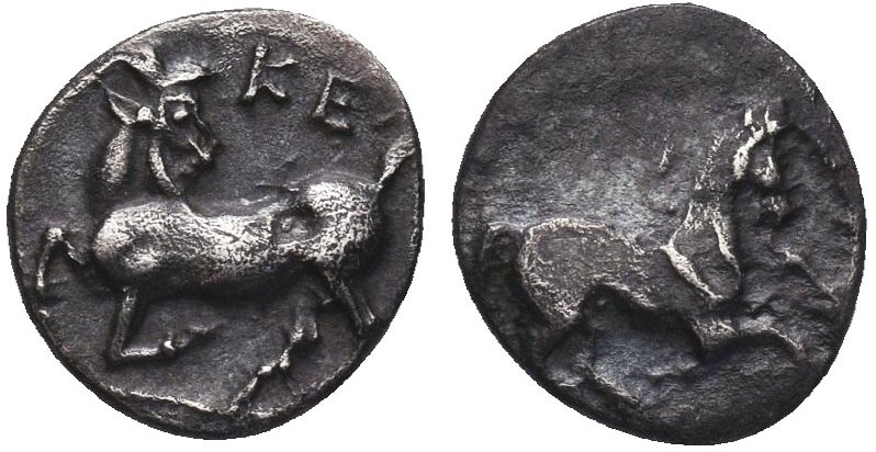 Greek, Cilicia, c. 425-400 BC, AR Obol, Kelenderis . Obverse: Horse prancing rig...