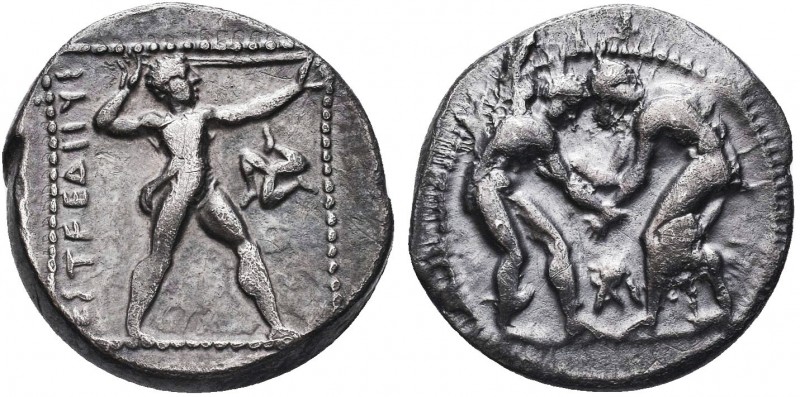 Greek, Pamphylia, c. 380/75-330/25 BC, AR Stater, Aspendos . Obverse: Two wrestl...