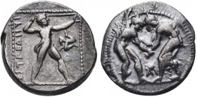 Greek, Pamphylia, c. 380/75-330/25 BC, AR Stater, Aspendos . Obverse: Two wrestlers grappling, monogram between, all within dotted circle Reverse: EΣT...