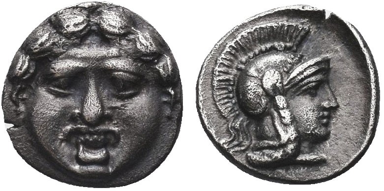 Greek, Pisidia, c. 350-300 BC, AR Obol, Selge . Obverse: Facing gorgoneion with ...