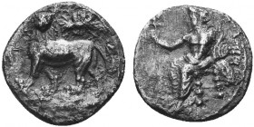 Greek, Cilicia, Mazaios Satrap 361-334 BC, AR Obol, Myriandrus . Obverse: Baaltars seated left, holding lotus-tipped sceptre Reverse: Lion standing le...