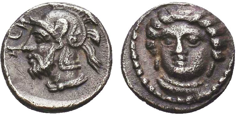 Greek, Cilicia, c. 380-370 BC, AR Obol, Tarsos. Obverse: Facing female head turn...