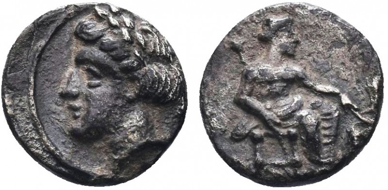 "Greek, Cilicia, c. 385-375 BC, AR Obol, uncertain (Mallos)

Obverse: Baaltars s...