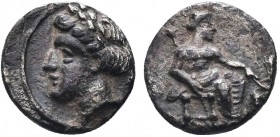 "Greek, Cilicia, c. 385-375 BC, AR Obol, uncertain (Mallos)

Obverse: Baaltars seated right, holding grain ear and grapes in his left hand and scepter...