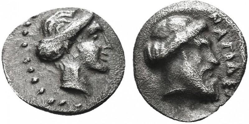 "Greek, Cilicia, c. 420-380 BC, AR Obol, Nagidos

Obverse: Head of Aphrodite rig...