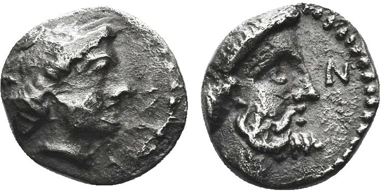 "Greek, Cilicia, c. 390-380 BC, AR Obol, Nagidos

Obverse: Head of Aphrodite rig...