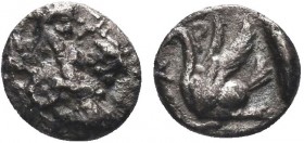 "Greek, Cilicia, c. 425-385, AR Obol, Mallos 

Obverse: Winged male figure advancing right, holding disk 
Reverse: Swan standing left; M above
Referen...