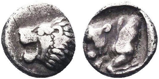 "Greek, Caria, c. 450-380 BC, AR Hemiobol, uncertain

Obverse: Head of lion left...