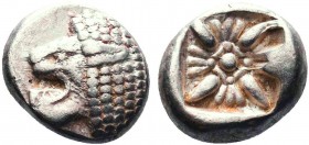 "Greek, Ionia, c.6th-5th Century BC, AR Obol, Miletos

Obverse: Forepart of lion right, head left
Reverse: Stellate pattern within incuse square
Refer...