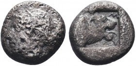 "Greek, Lesbos, c. 480-400, AR Triobol, Mytilene

Obverse: Head of Sappho(?) facing left
Reverse: M-Y, head of roaring lion right in incuse square
Ref...