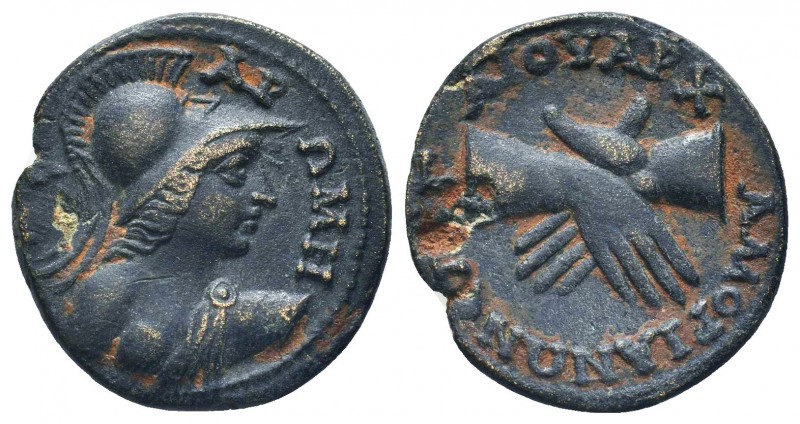 Phrygia, Amorion Æ24. Circa AD 160-220. Pseudo-autonomous issue. ΘEA PΩMH, Helme...