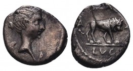 M. Antonius and M. Aemilius Lepidus. Quinarius, Lugdunum 42, AR. [III·VIR·] – R·P·C Bust of Victory r. Rev. ANTONI Lion walking r.; at sides, A – XL[I...