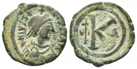 Justinian I. 527-565. AE half follis 

Condition: Very Fine

Weight:10.20 gr
Diameter: 29 mm