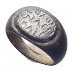 Byzantine Bronze Ring with inscription on Bezel, 900-1400 AD.

Condition: Very Fine

Weight: 7.68gr
Diameter: 21.8mm