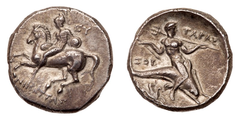 Calabria, Taras. Silver Nomos (7.89 g), ca. 280 BC. Ey&hellip;, Nikottas, and Zo...
