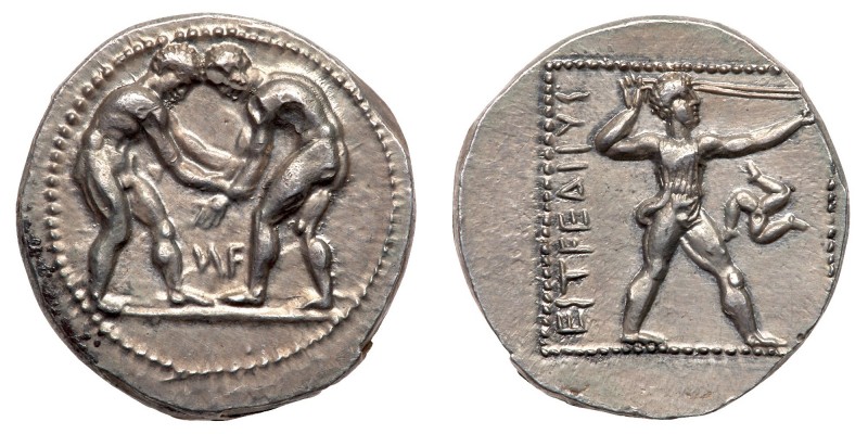 Pamphylia, Aspendos. Silver Stater, ca. 380-330/25 BC. Two nude wrestlers grappl...