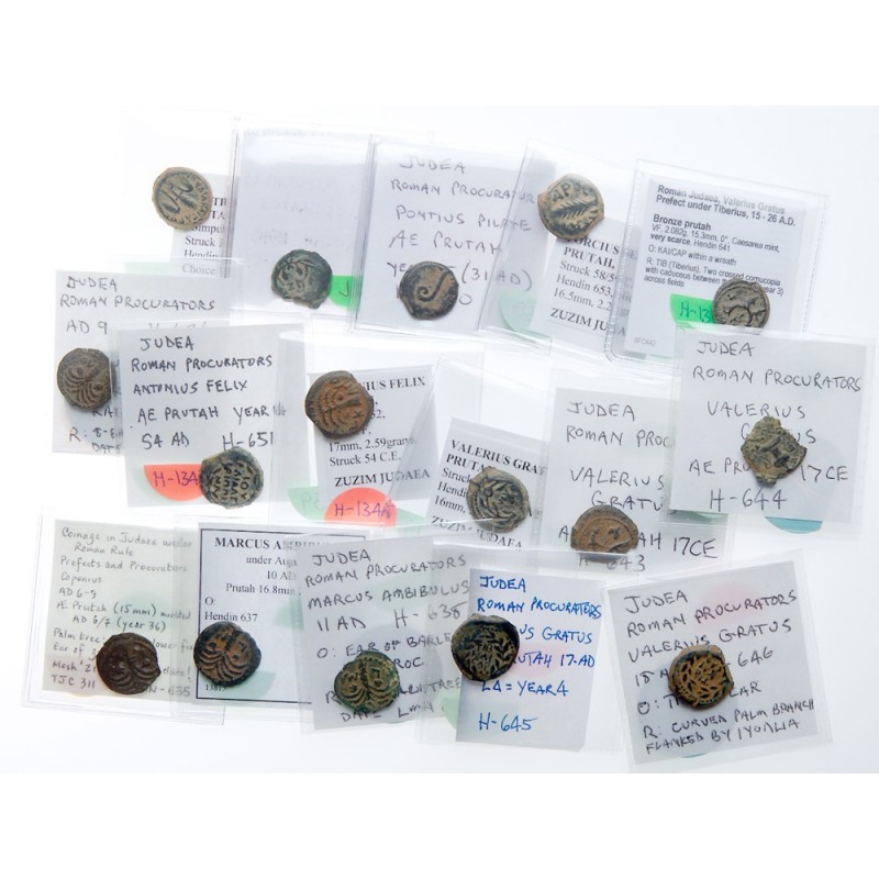 17-Piece Lot of Bronze Prutot of Roman Procurators. Includes examples of Coponiu...