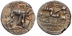 M. Aemilius Scaurus and Pub. Plautius Hypsaeus. Silver Denarius (4.00 g), 58 BC. EF
