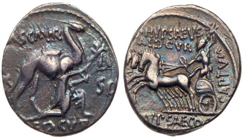 M. Aemilius Scaurus and Pub. Plautius Hypsaeus. Silver Denarius (3.90 g), 58 BC....