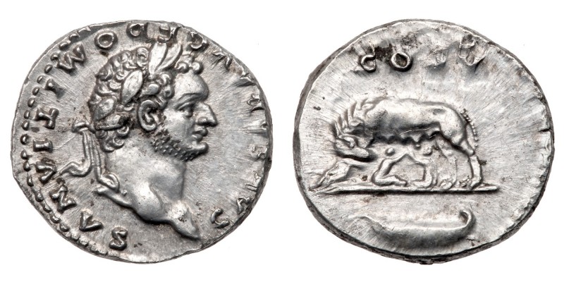 Domitian. Silver Denarius (3.17 g), AD 81-96. Rome, under Vespasian, AD 77/8. CA...