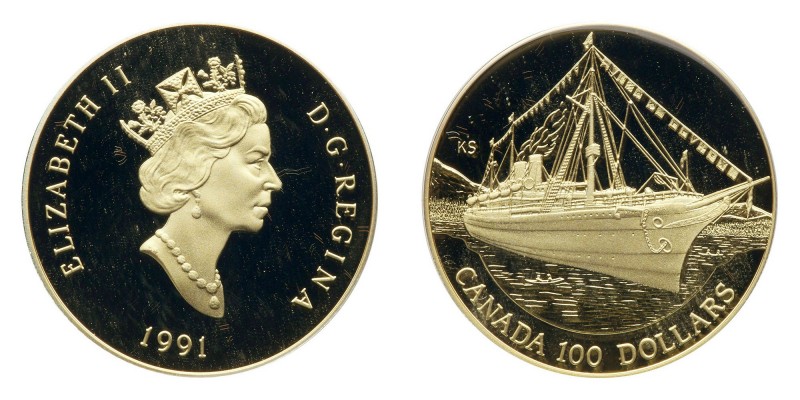 Canada. 100 Dollars, 1991. Fr-23; KM-180. Weight 0.2500 ounce. Ship 'Empress of ...