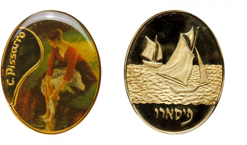 Israel. Pissarro Gold State Medal (1997). Woman washing (color)/Sailing boats. 4...