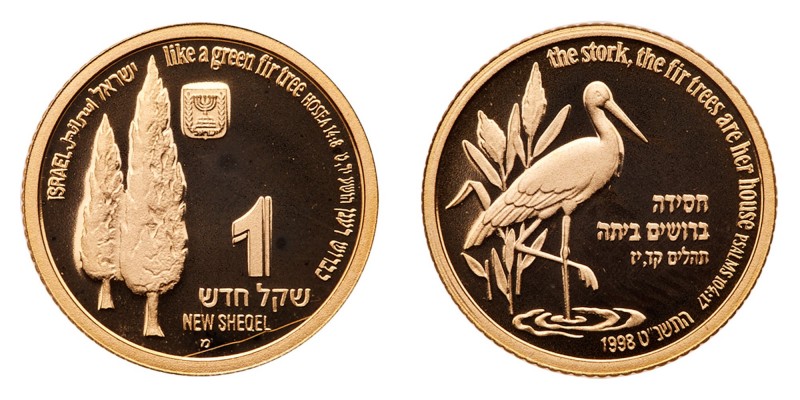 Israel. 1 New Sheqel, 1998. Fr-72; KM-321. Weight 0.1001 ounce. Mintage 553 piec...