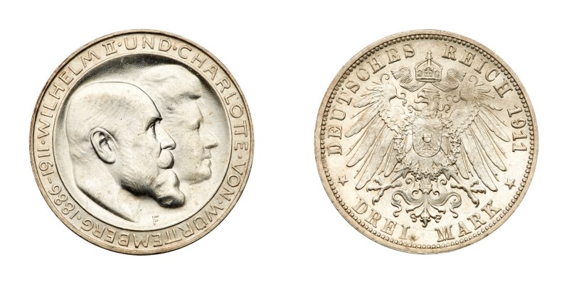 German States: W&uuml;rttemberg. 3 Marks, 1911-F. KM-636; J-177a. Wedding. PCGS ...