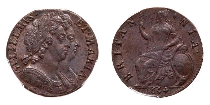 Great Britain. Halfpenny, 1694. S.3452; KM-475.3. William and Mary. Obverse, con...