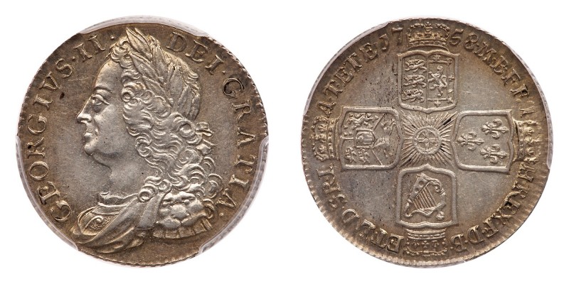 Great Britain. Shilling, 1758. S.3704; ESC-1213; KM-583.3. George II. Obverse, l...