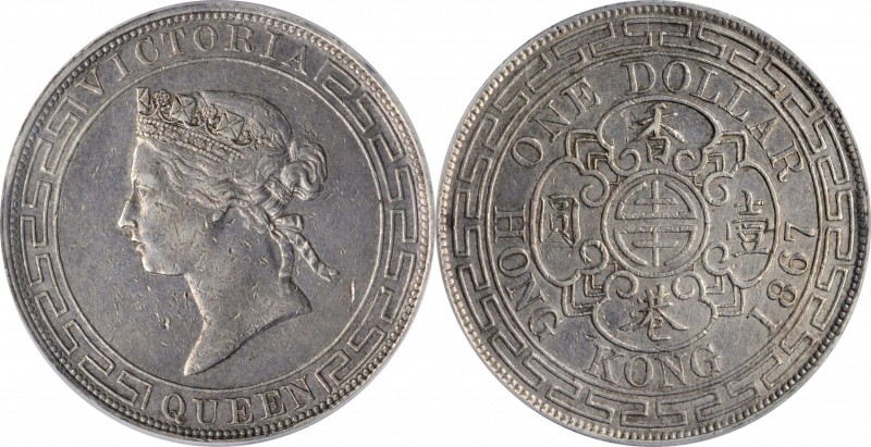 HONG KONG. Dollar, 1867. Hong Kong Mint. Victoria. PCGS EF-45 Gold Shield.
KM-1...