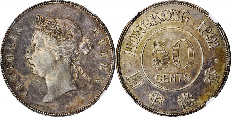 HONG KONG. 50 Cents, 1891. London Mint. Victoria. NGC AU-55.
KM-9.1; Mars-C34. ...