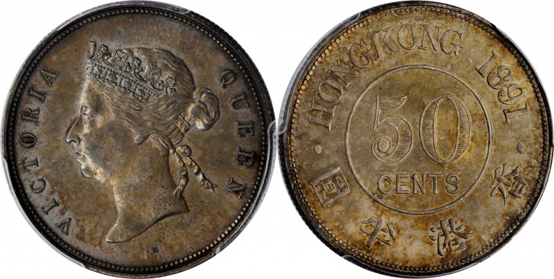 HONG KONG. 50 Cents, 1891-H. Heaton Mint. Victoria. PCGS AU-55 Gold Shield.
KM-...